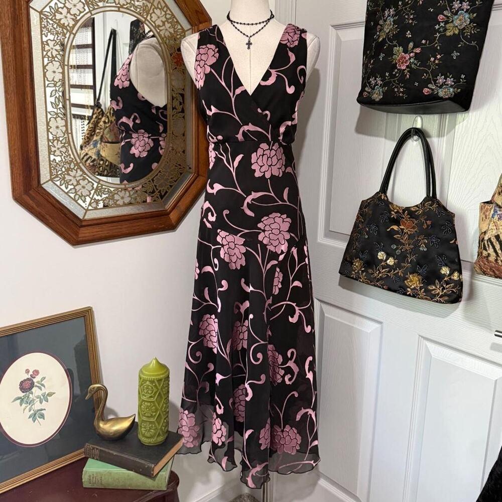 VTG Y2K Dressbarn Black & Pink Floral Whimsy Sleeveless Dark Fairy Dress 10